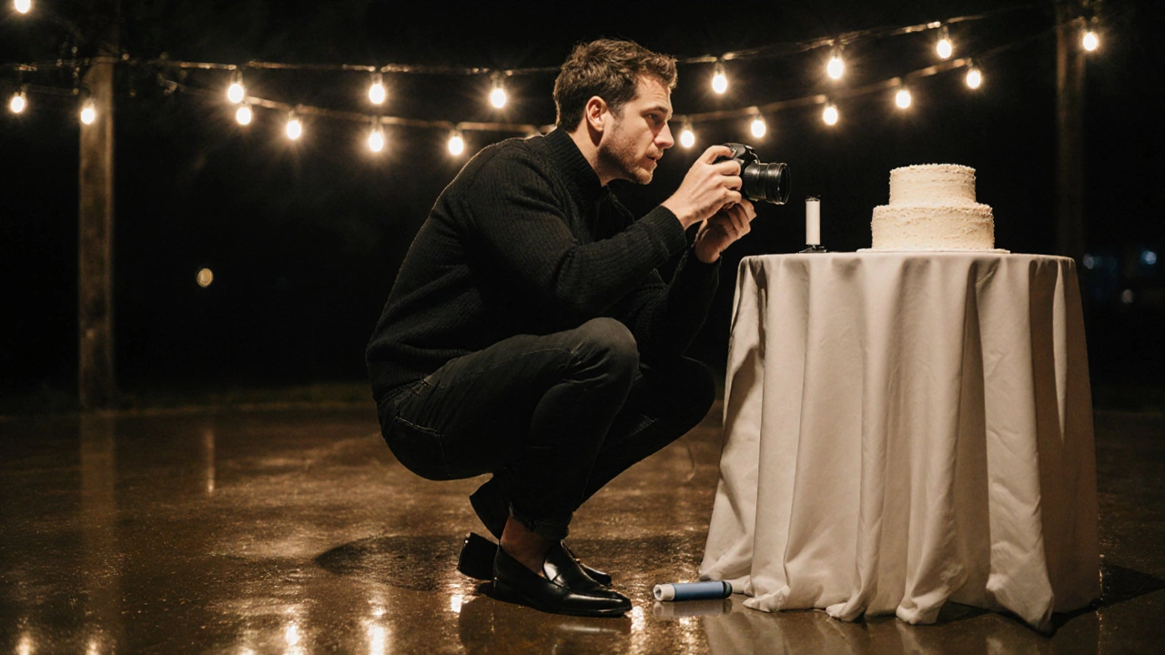 Photographer crouching near a cake at evening reception, wearing clean black jeans and sweater.
