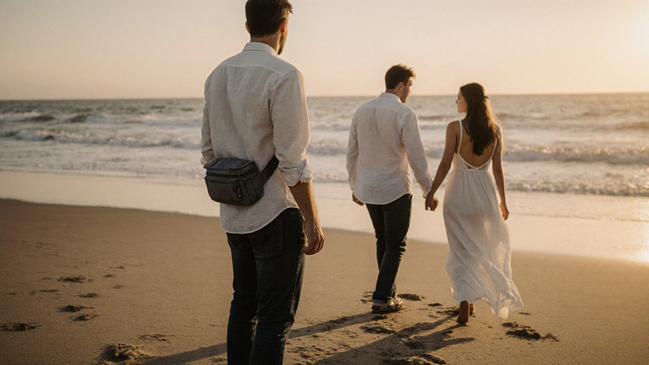 Photographer on beach at sunset dressed in dark denim and linen, capturing a couple walking hand-in-hand.