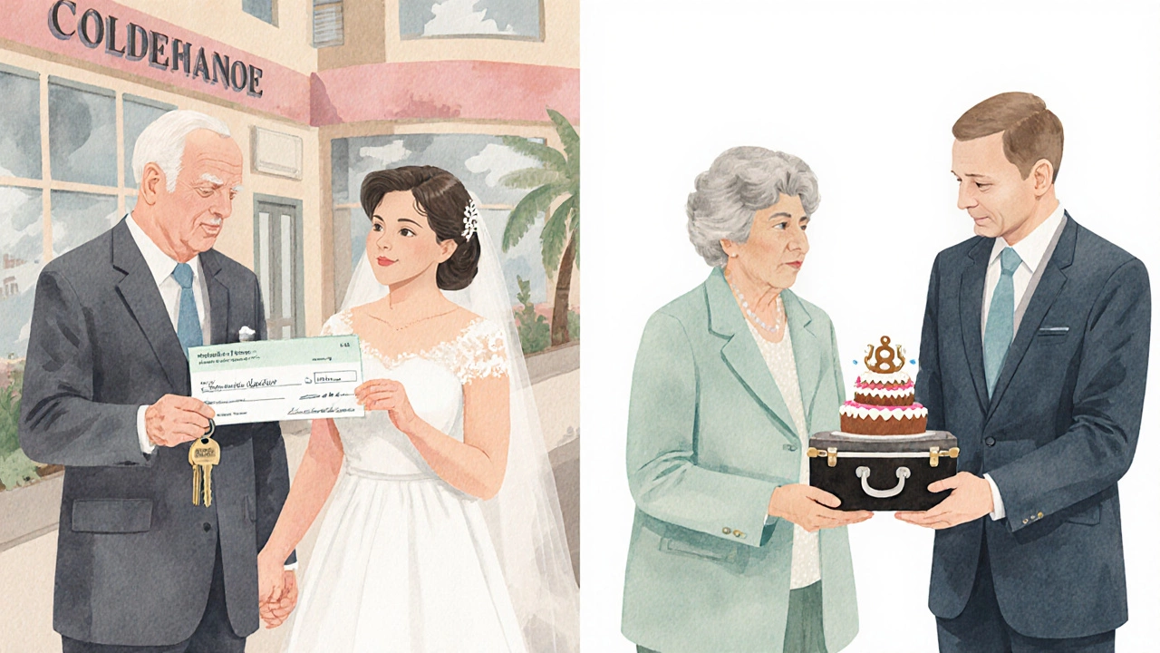 Two families gently handing wedding-related gifts to a couple in a soft watercolor illustration.