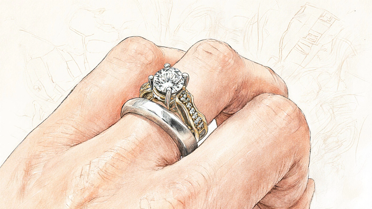 Two wedding rings stacked on a finger—thin band below, ornate ring above—styled in watercolor and ink.