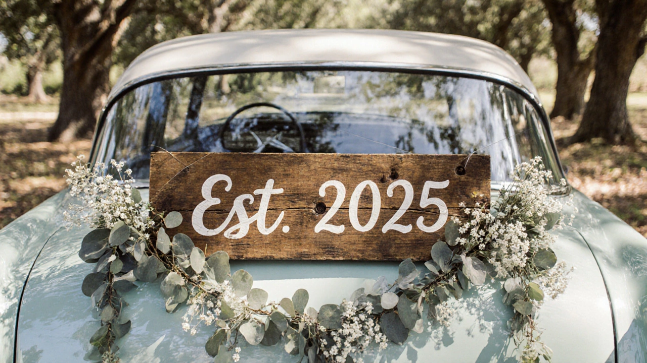 Wooden &#039;Est. 2025&#039; sign with dried flowers and eucalyptus garland on a convertible car rear.