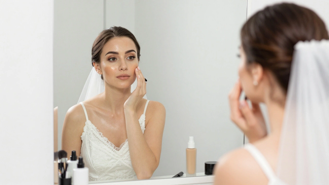 A bride checking her makeup in the mirror hours after application, showing natural, long-lasting results.
