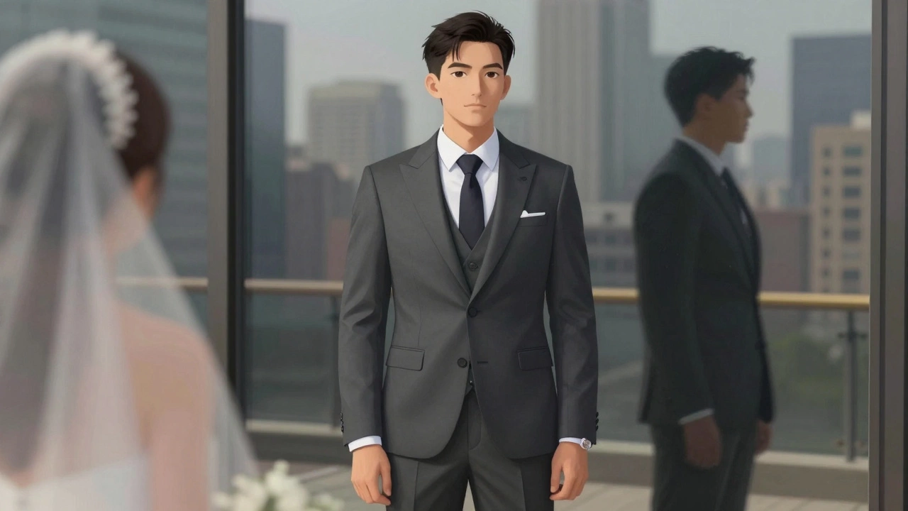 A groom stands confidently in a charcoal suit at a city wedding, reflection showing perfect tailoring.