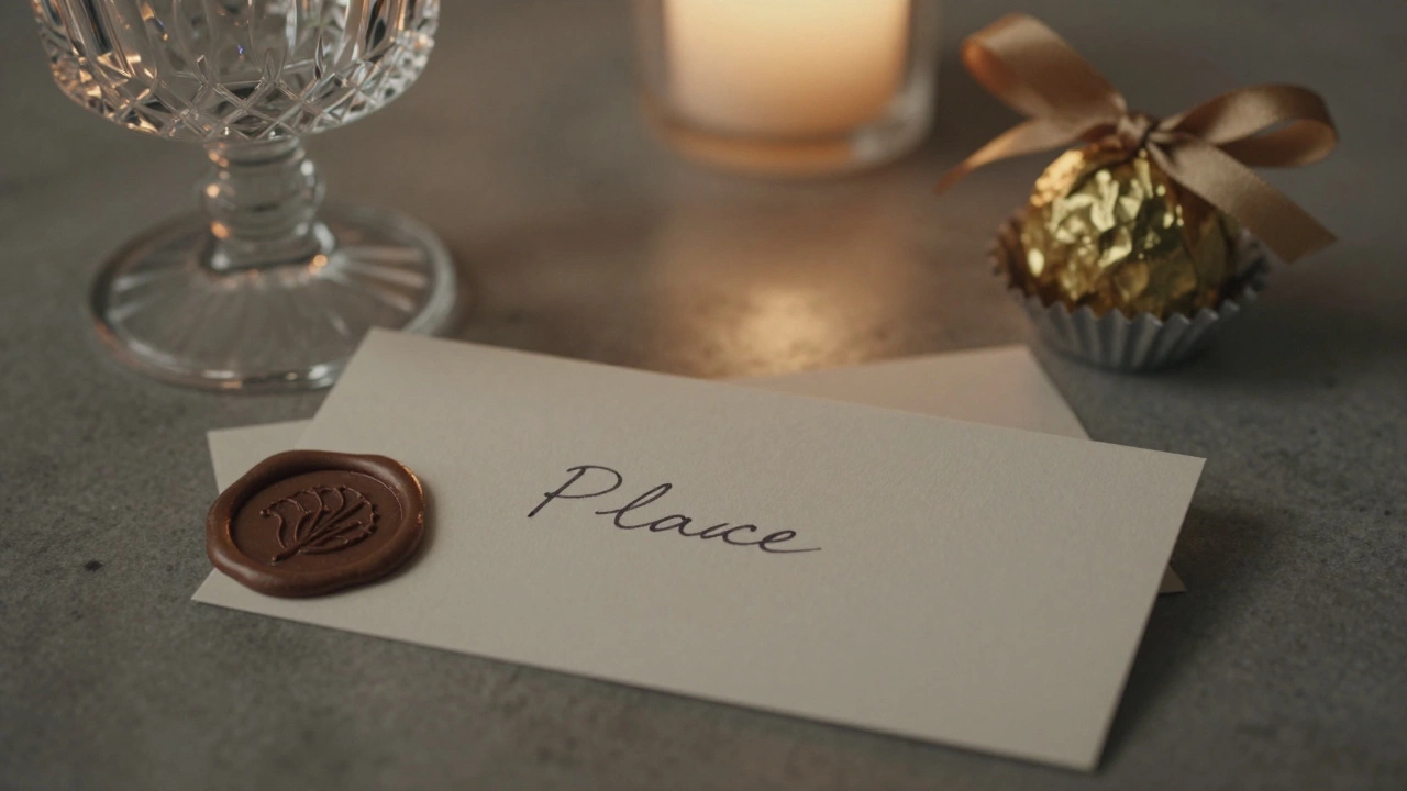 A handwritten place card with a wax seal beside a crystal glass and gold-wrapped chocolate, lit by candlelight.