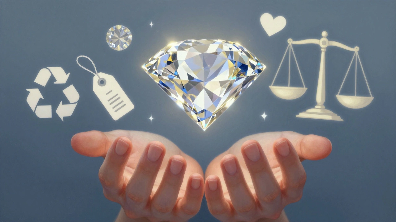 A lab-grown diamond floating above hands with symbols of cost, ethics, and love in a surreal composition.