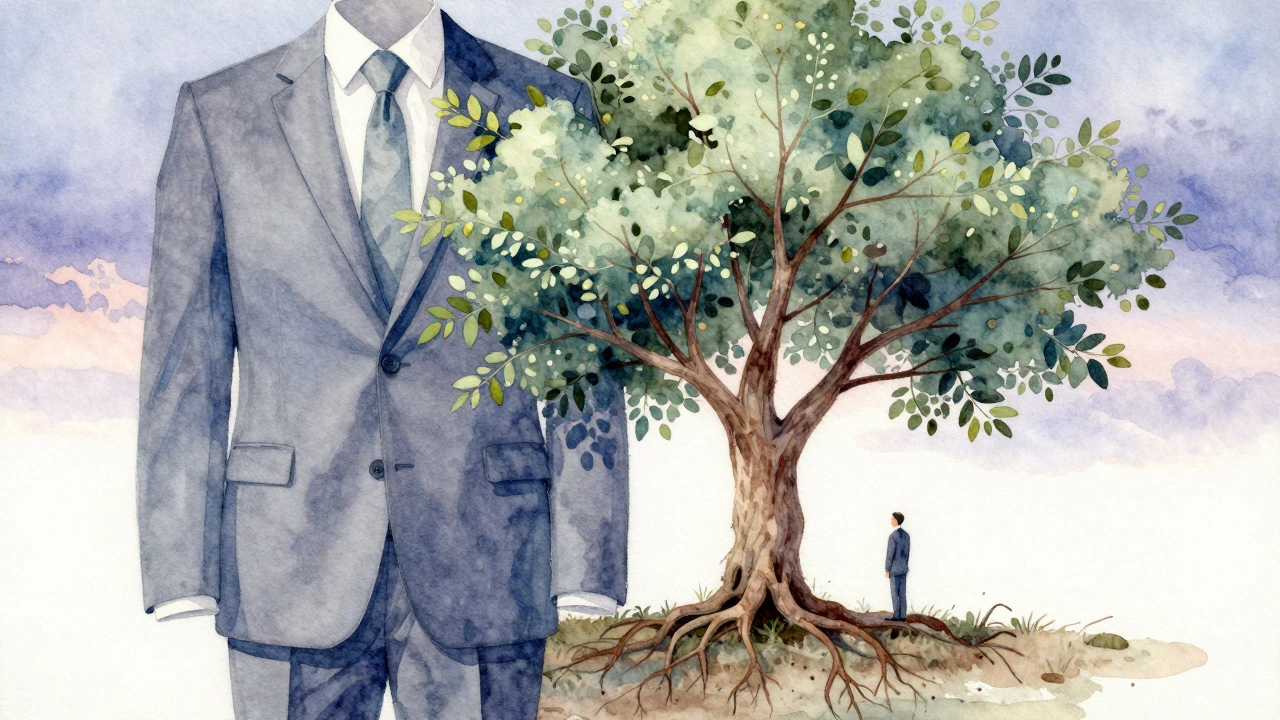 A suit transforms into a tree, symbolizing legacy, with the groom standing beneath it in twilight.
