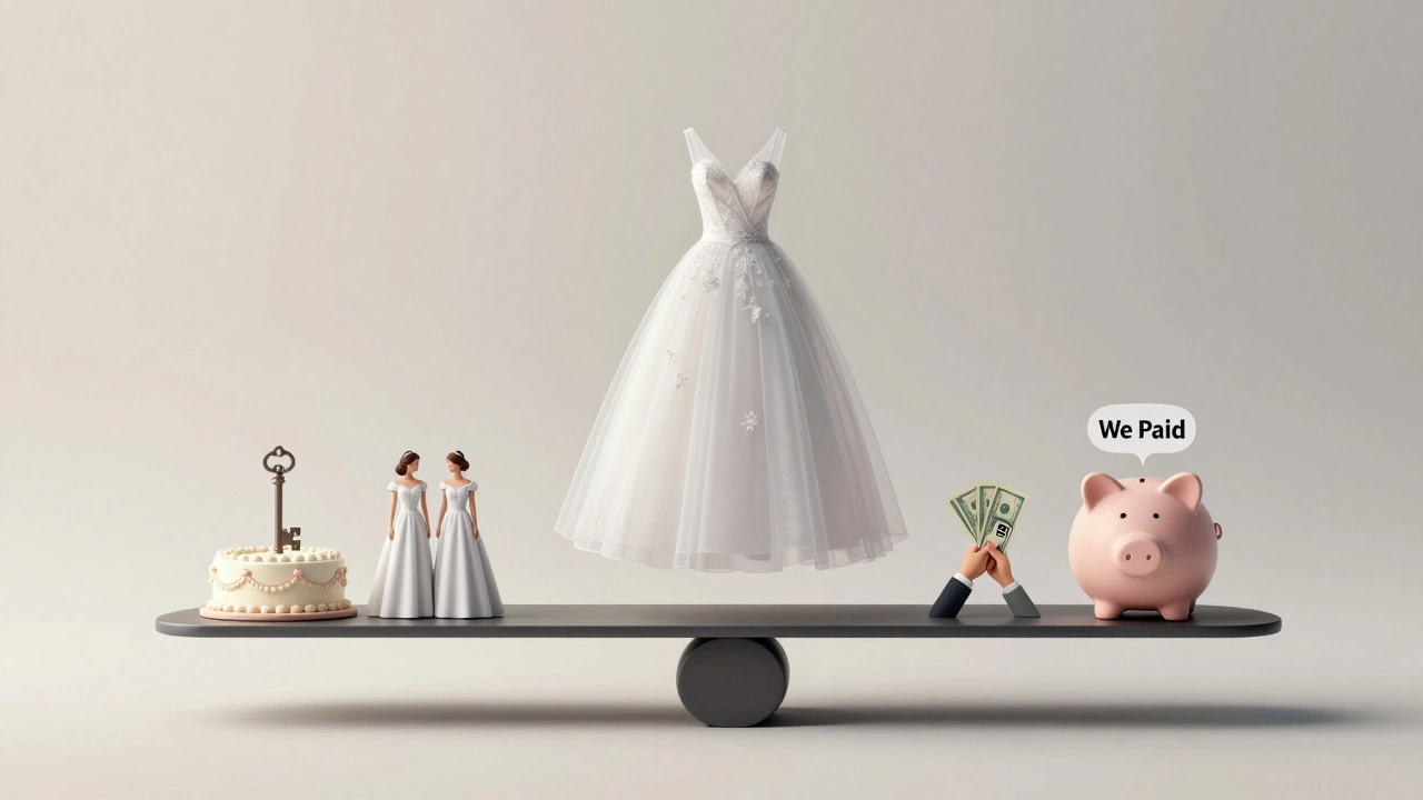 A transparent wedding dress balanced above symbols of traditional and modern wedding costs.