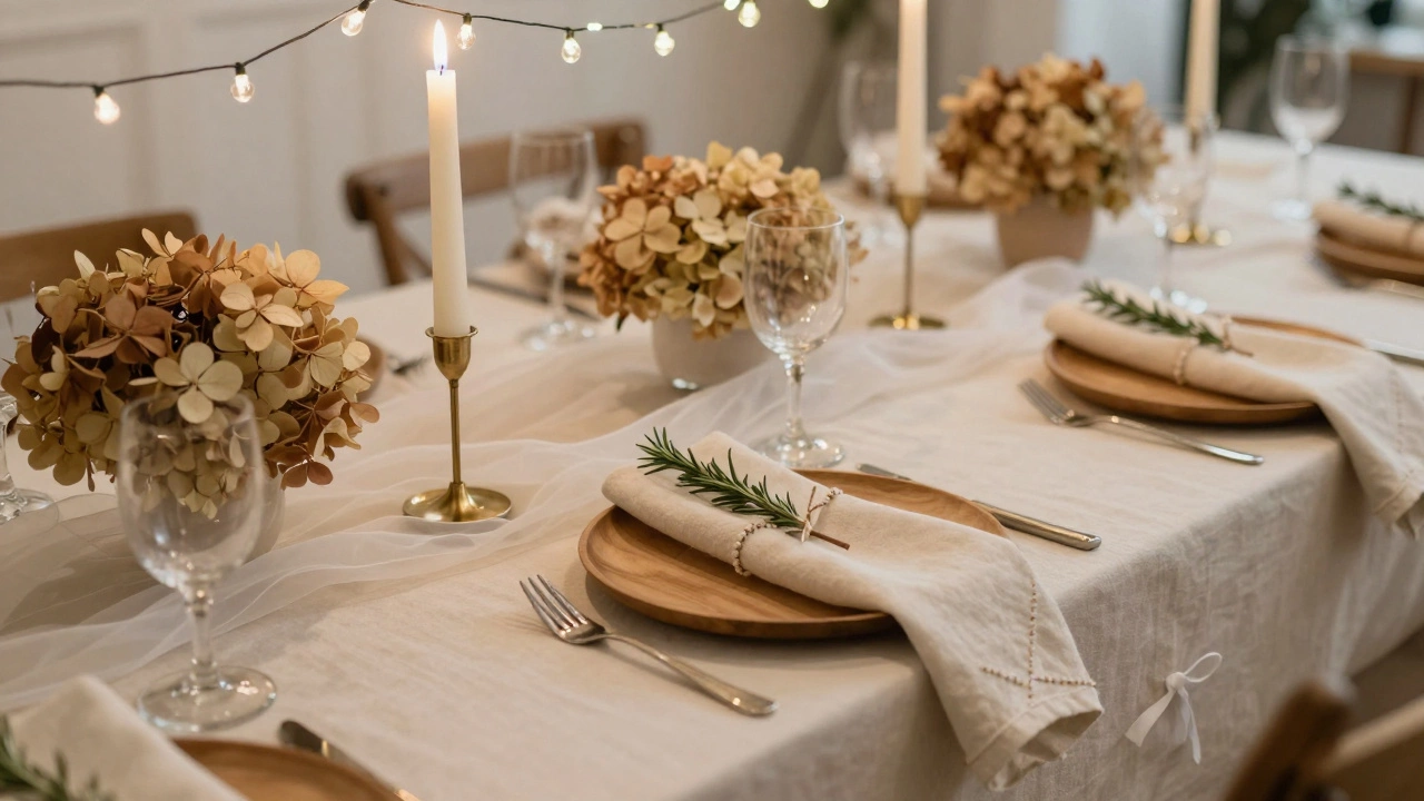 An elegant reception table with linen, organza, brass candles, and dried flowers under warm fairy lights.