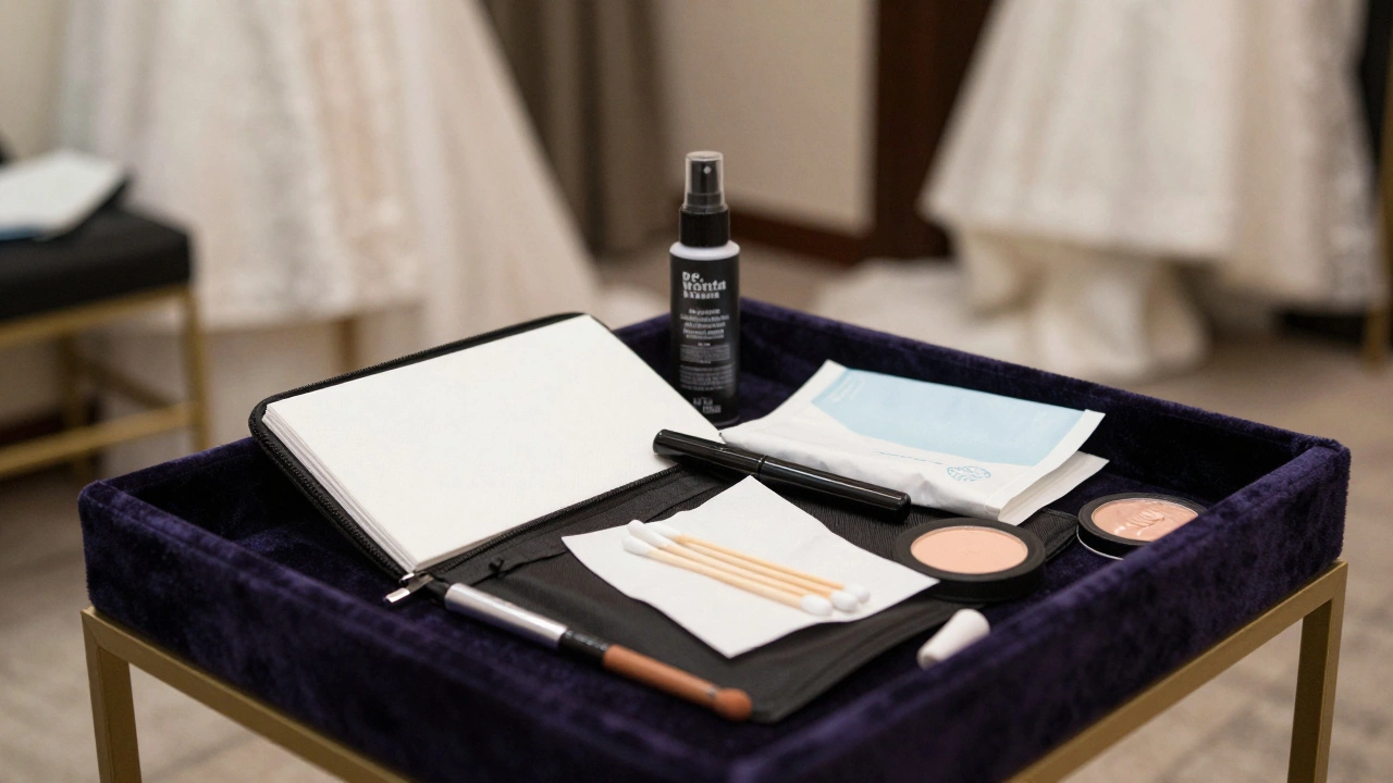An open touch-up clutch with blotting papers, mini spray, lip liner, and wipes for wedding day fixes.