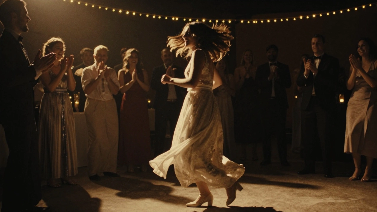 Best friend dancing barefoot at a wedding reception, hair flying, surrounded by blurred joyful guests.