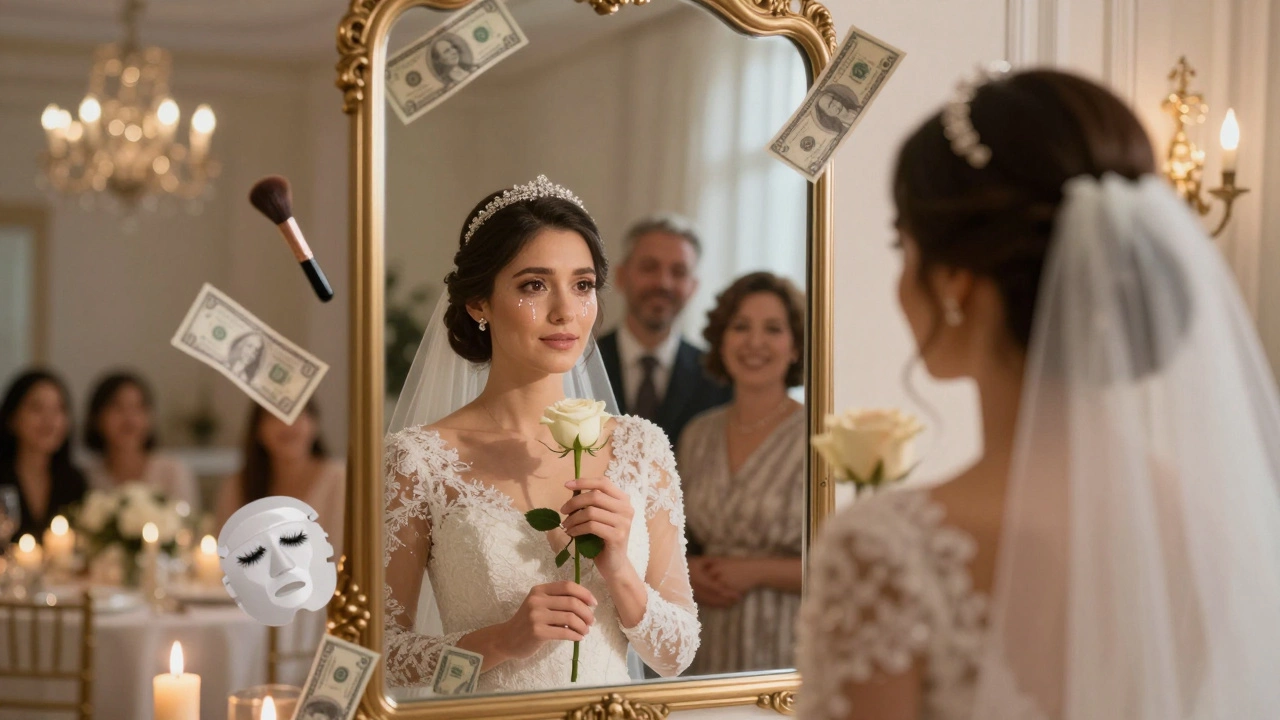 Bride looking at her future wedding photo in a magical mirror, with makeup essentials floating around.