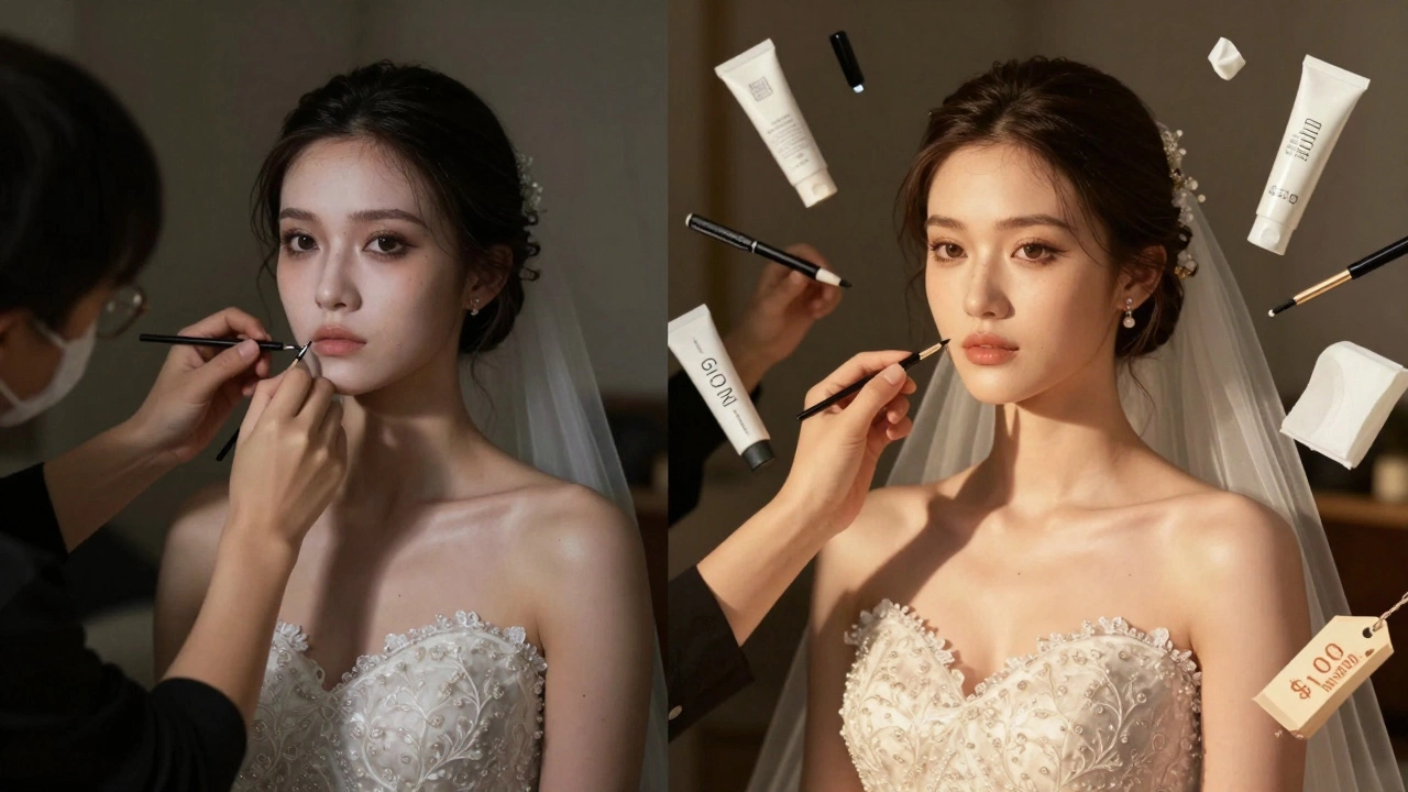 Contrasting images of DIY vs professional bridal makeup under different lighting conditions.