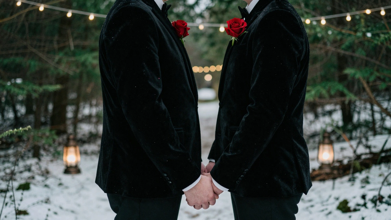 Couple in black velvet jackets with red roses, standing under string lights in snowy forest.