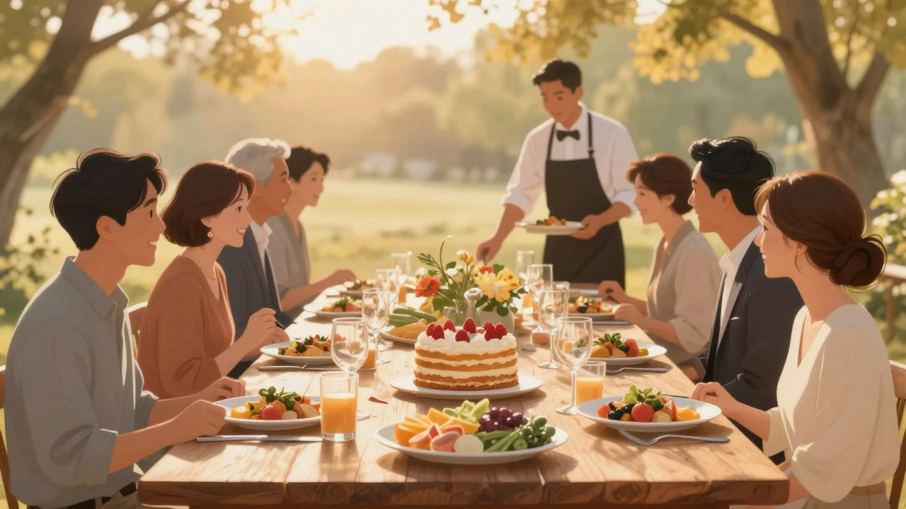 Couples and guests enjoy a warm, family-style wedding meal under golden hour light with a homemade dessert cake at the center.