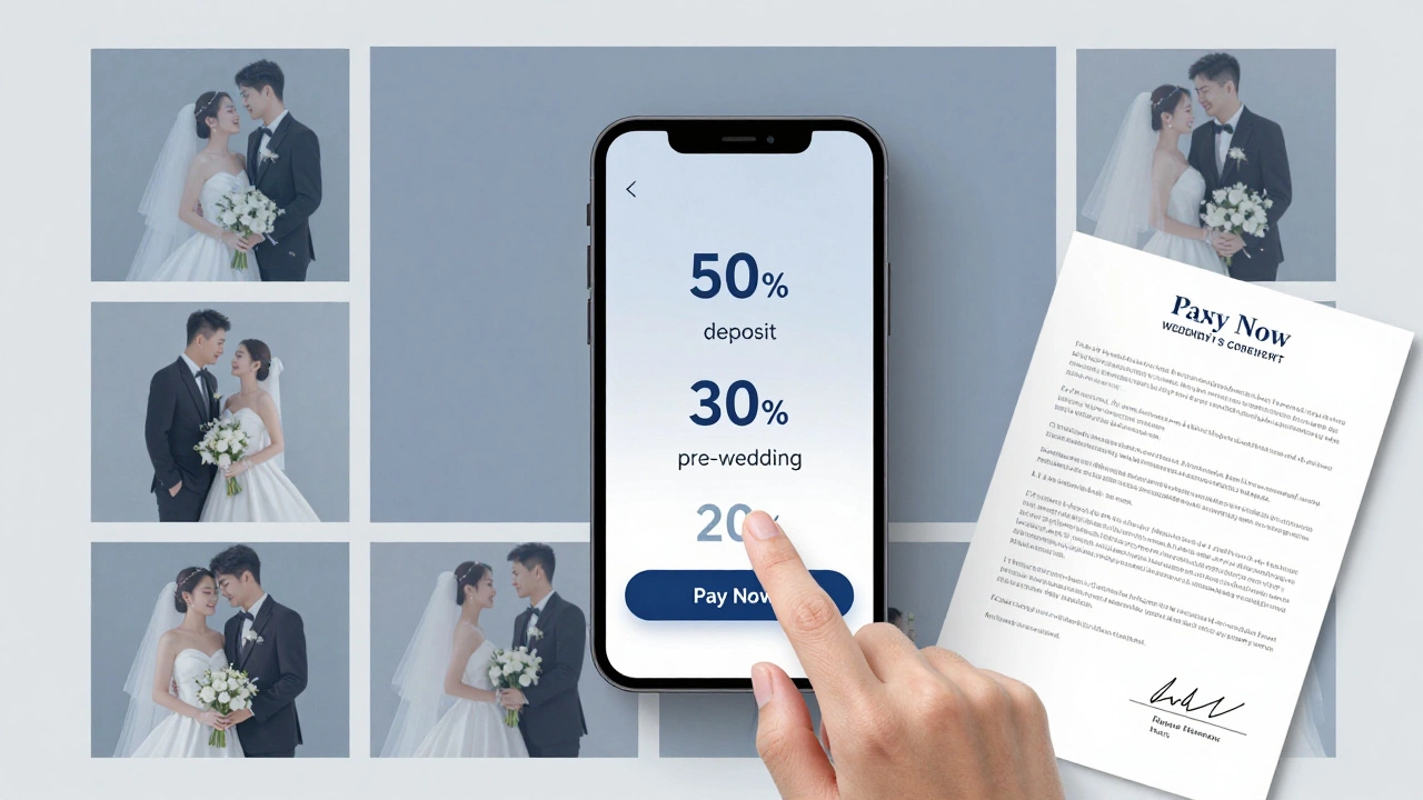 Digital wedding photo gallery with payment milestones displayed, hand ready to complete final payment.