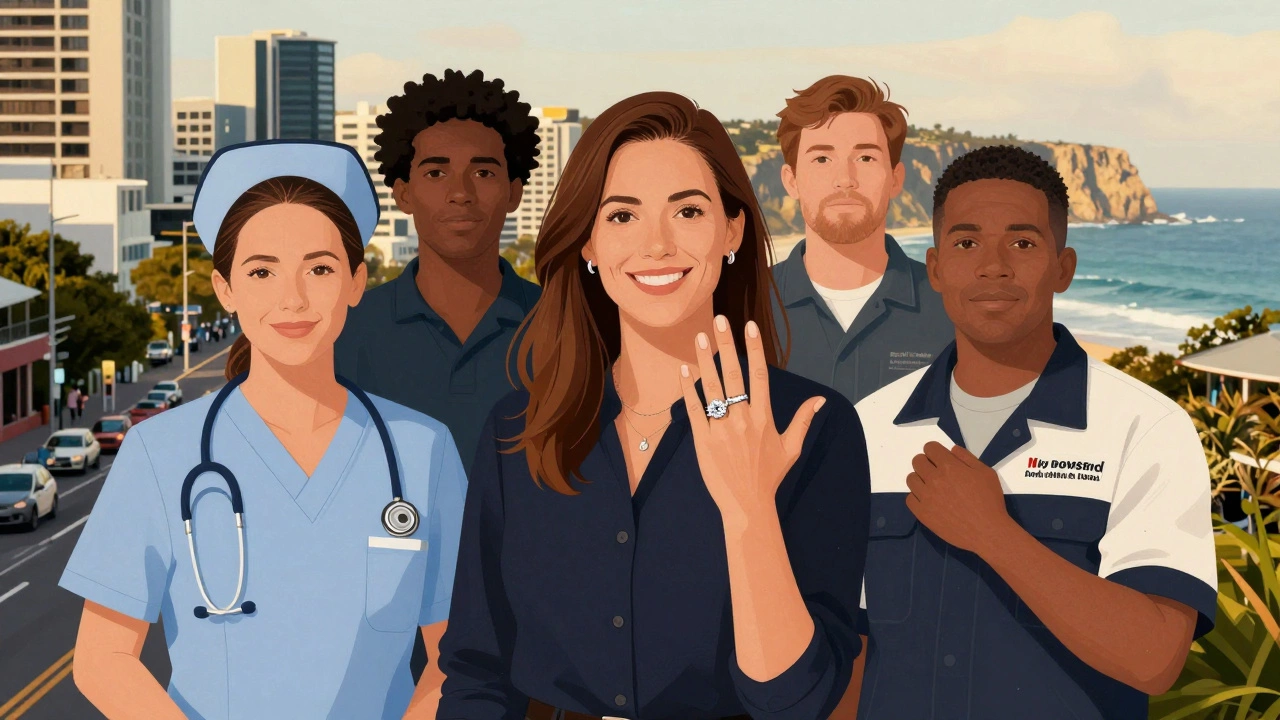 Diverse New Zealand professionals wearing engagement rings, with a 2 carat ring featured prominently.