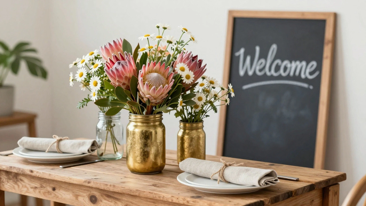 DIY floral centerpieces in thrifted jars on wooden crates, with linen napkins and chalkboard signage.