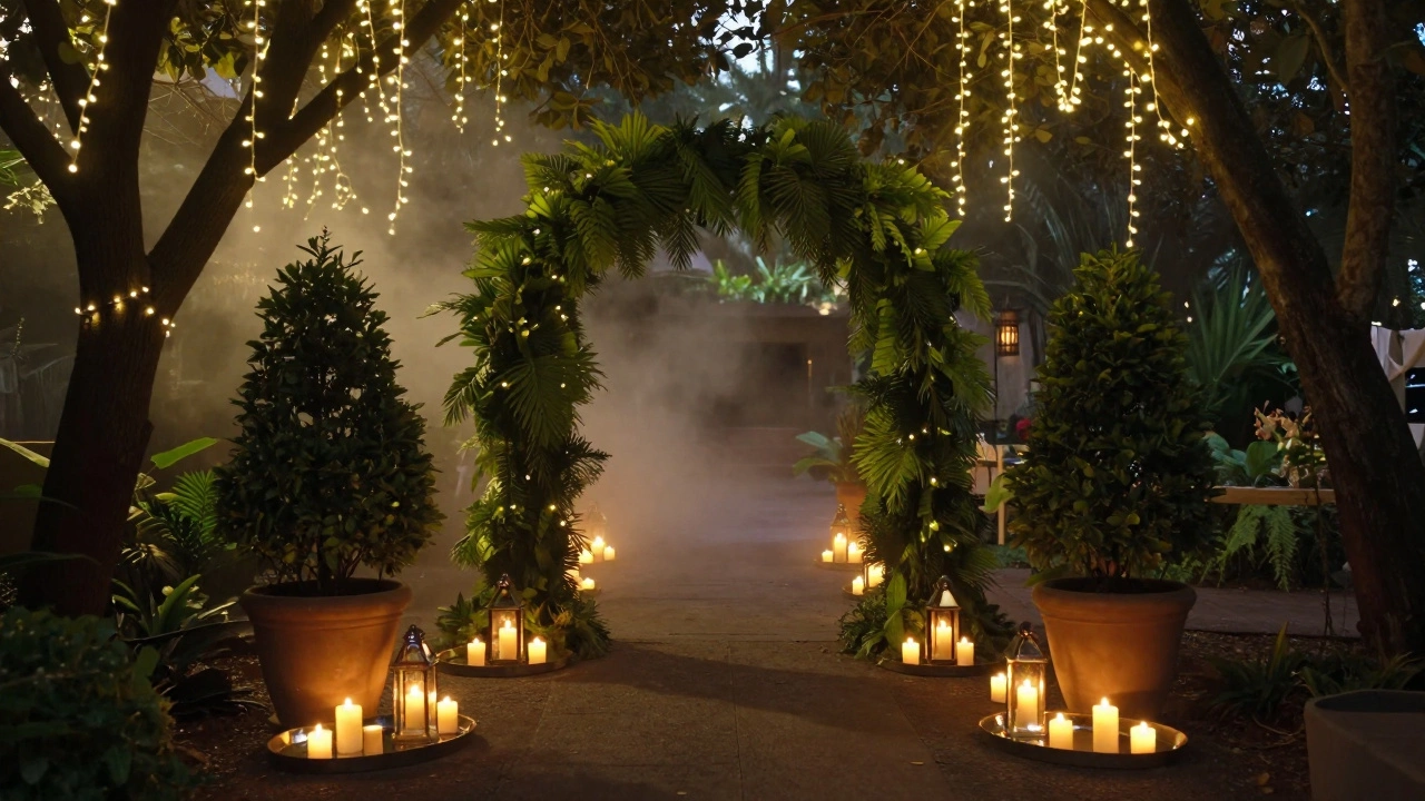 Garden entrance with potted plants, lanterns, and a greenery arch lit by fairy lights and candles.