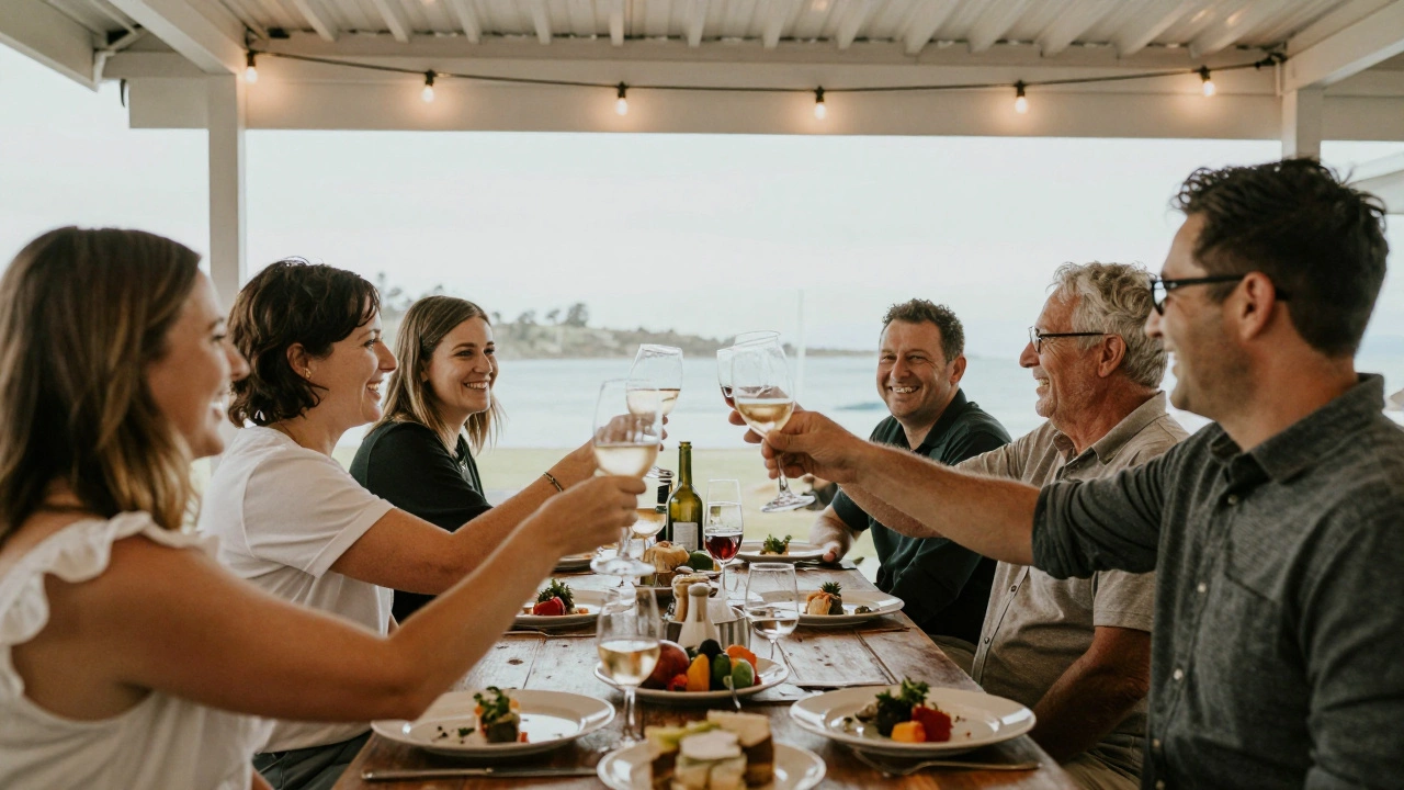 Groom's parents toasting at a casual seaside rehearsal dinner with guests.