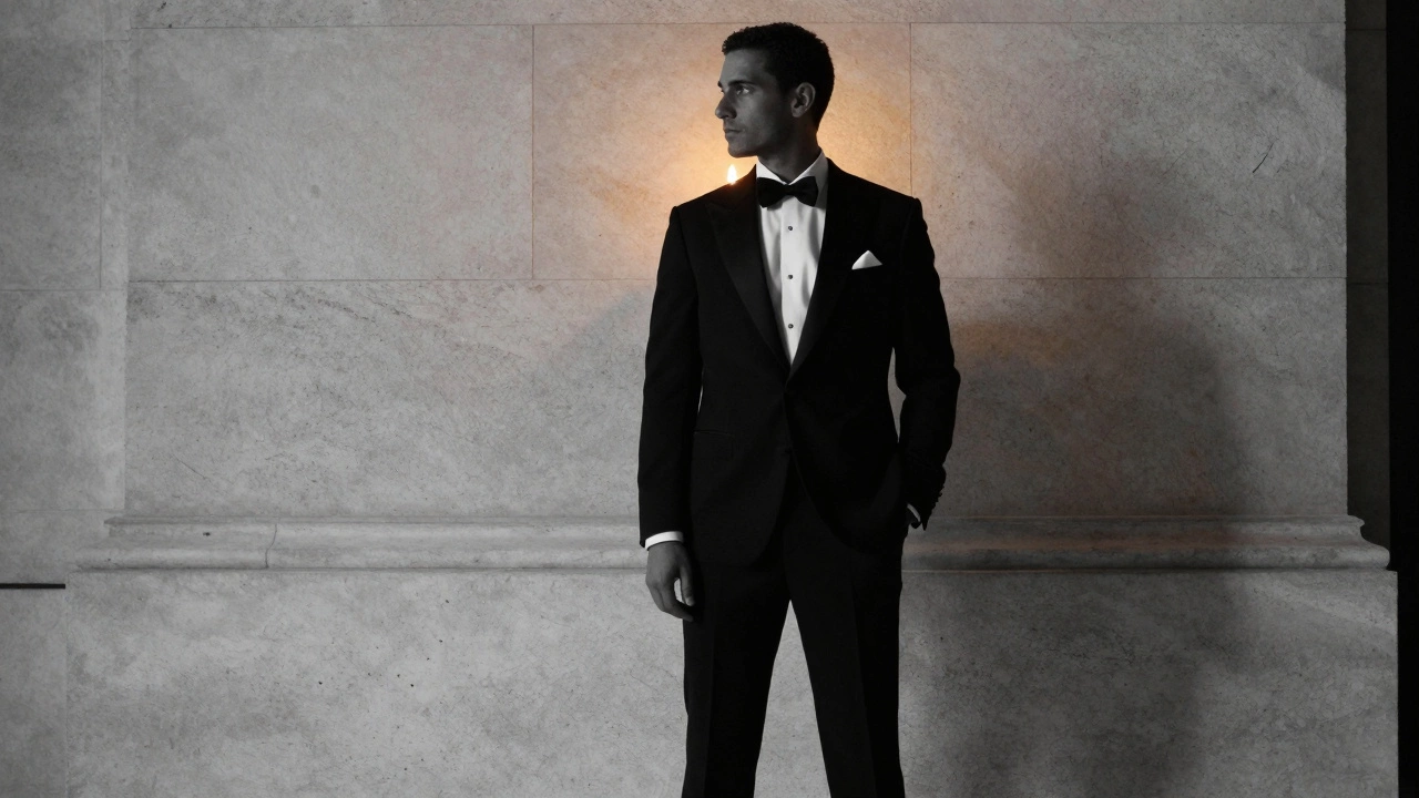 Groom in black tuxedo against stone wall, candlelight glowing around him in dim chapel.