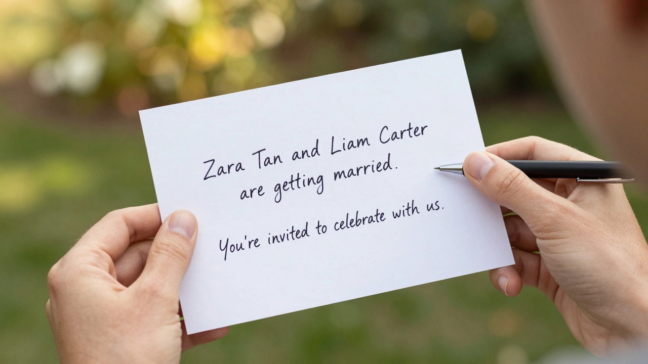 Hands writing names Zara Tan and Liam Carter on a blank invitation in a sunlit garden.