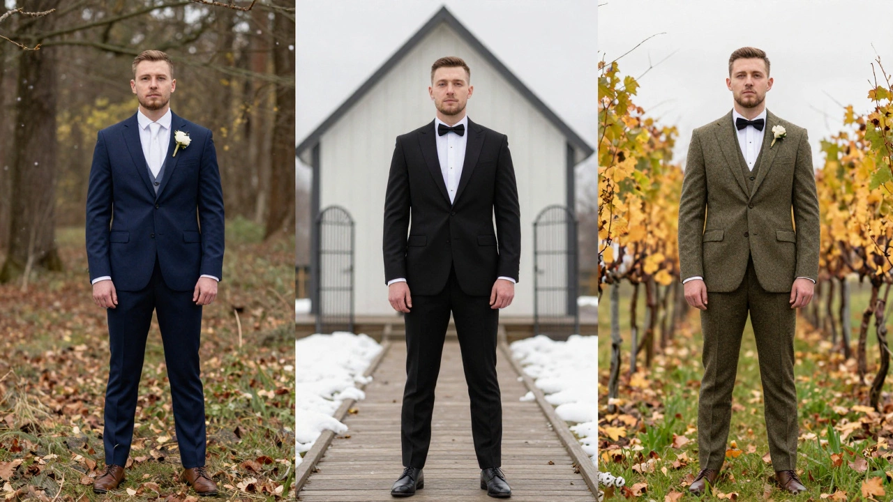 Three grooms in different suits matching their wedding settings: forest, chapel, and vineyard.