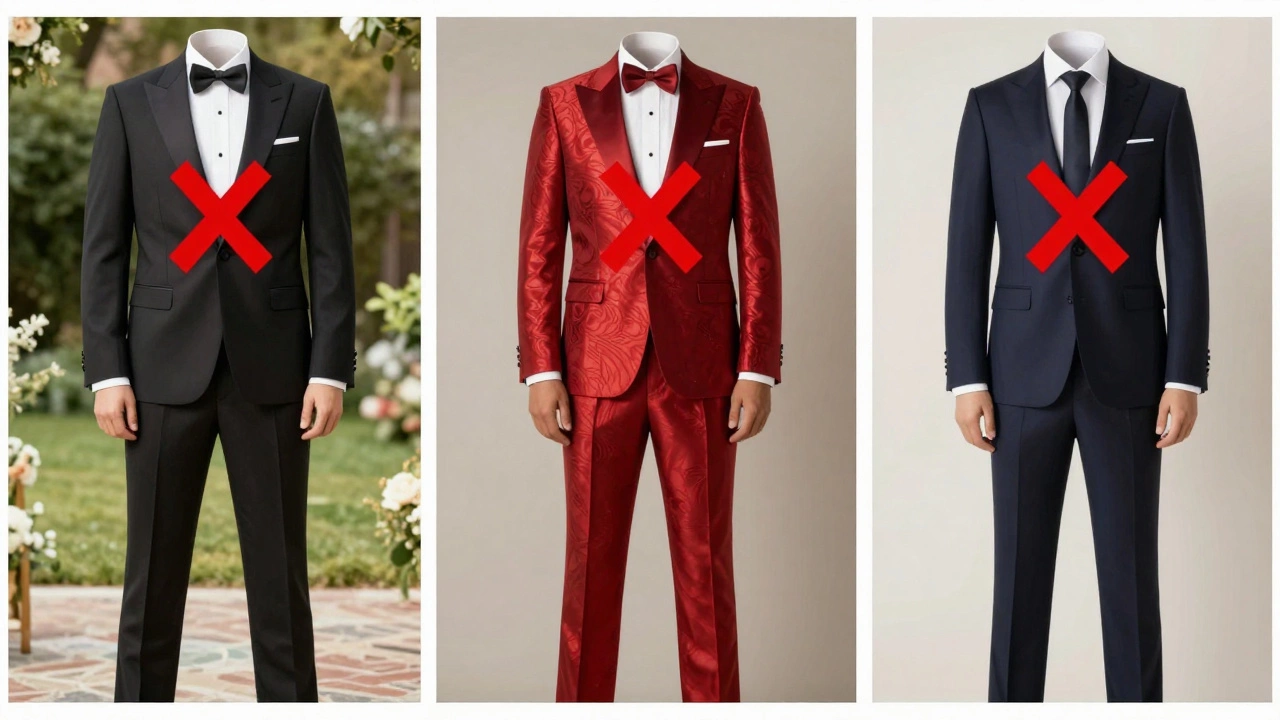 Three ill-fitting wedding outfits with red X marks, contrasted with one perfect navy suit in focus.