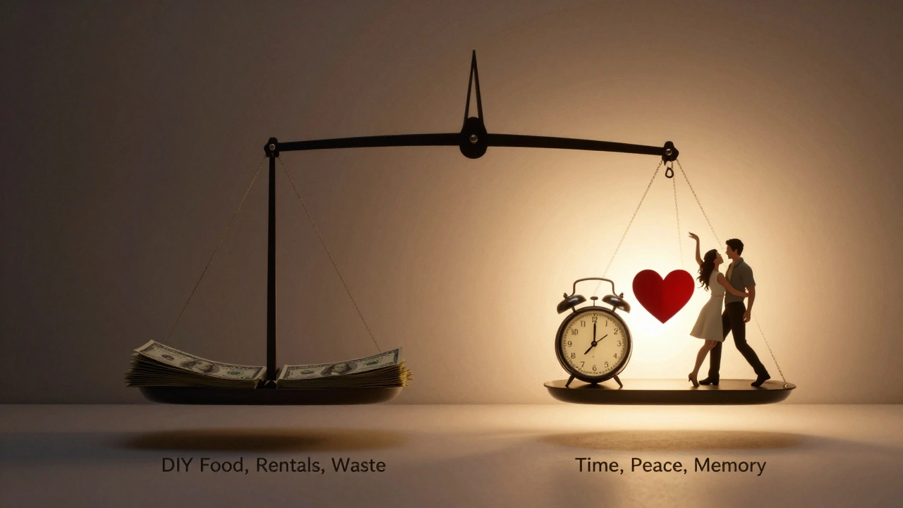 Two symbolic scales contrast the costs of DIY catering versus the value of memories and peace on a wedding day.