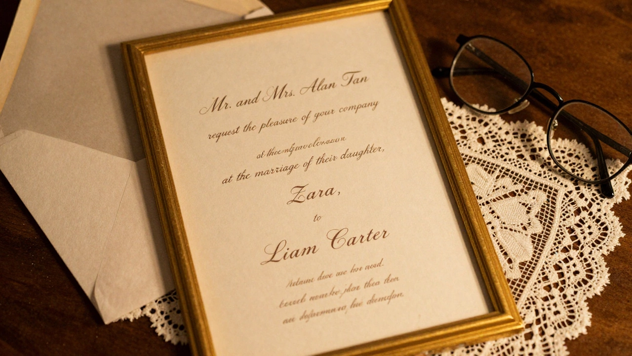 Vintage wedding invitation with traditional wording beside reading glasses and lace handkerchief.