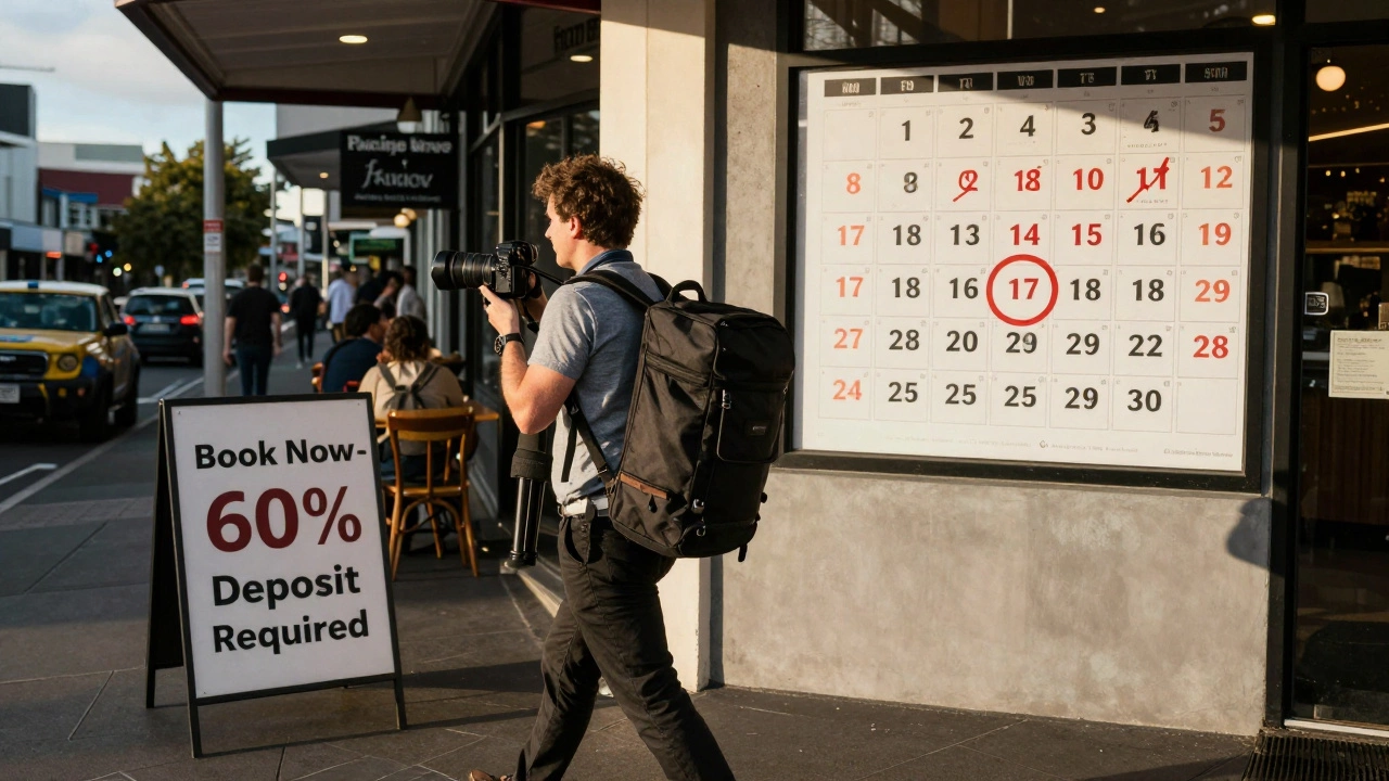 Wedding photographer carrying gear in an Auckland street, calendar showing booked dates in the background.