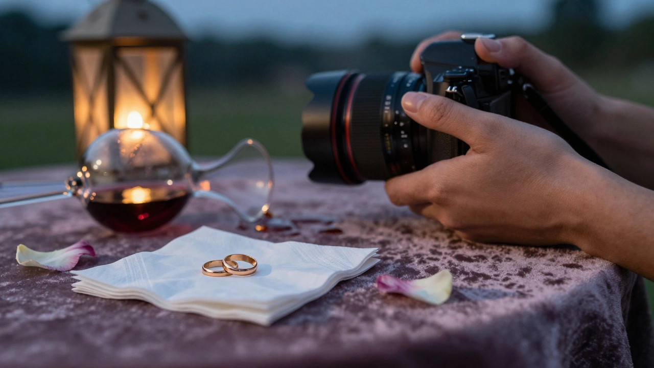 Wedding ring on velvet with flower petal and spilled wine, camera hands just out of frame in twilight.