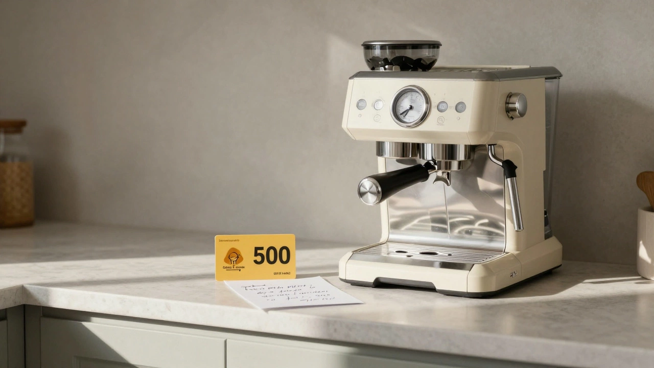 A 0 gift card next to an espresso machine from a wedding registry.