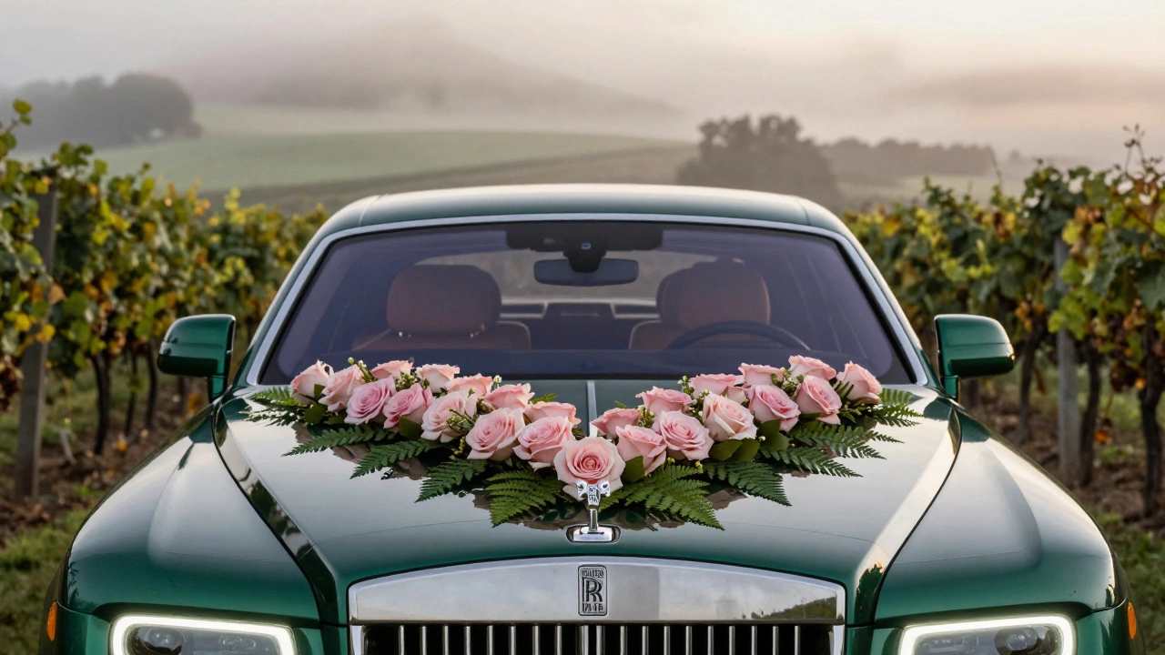 A Rolls-Royce adorned with a refined floral canopy under soft evening fog.