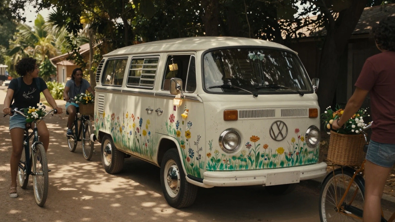 A vintage VW bus painted with wildflowers, surrounded by cyclists with small bouquets.