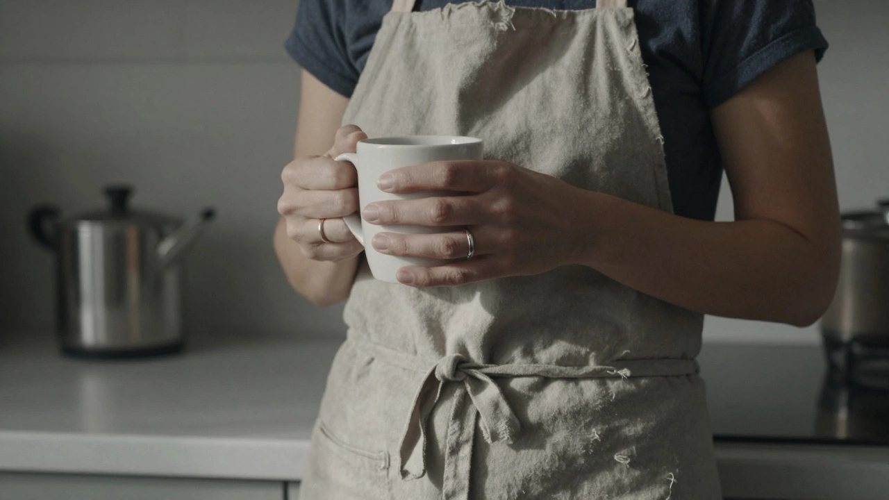 A woman wearing her engagement ring on her right hand while holding a coffee mug.