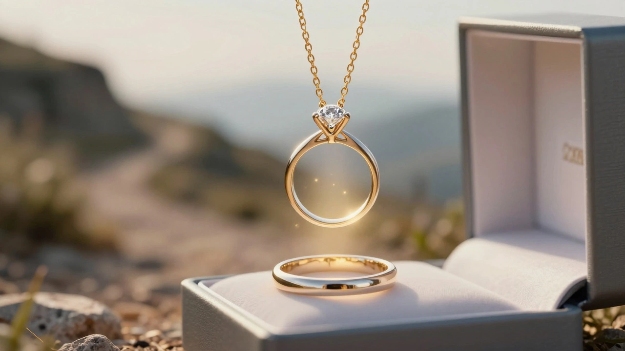 An engagement ring hanging from a gold chain above an open jewelry box.