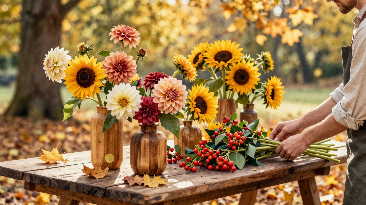Autumn wedding table filled with dahlias, sunflowers, and berries in golden light.