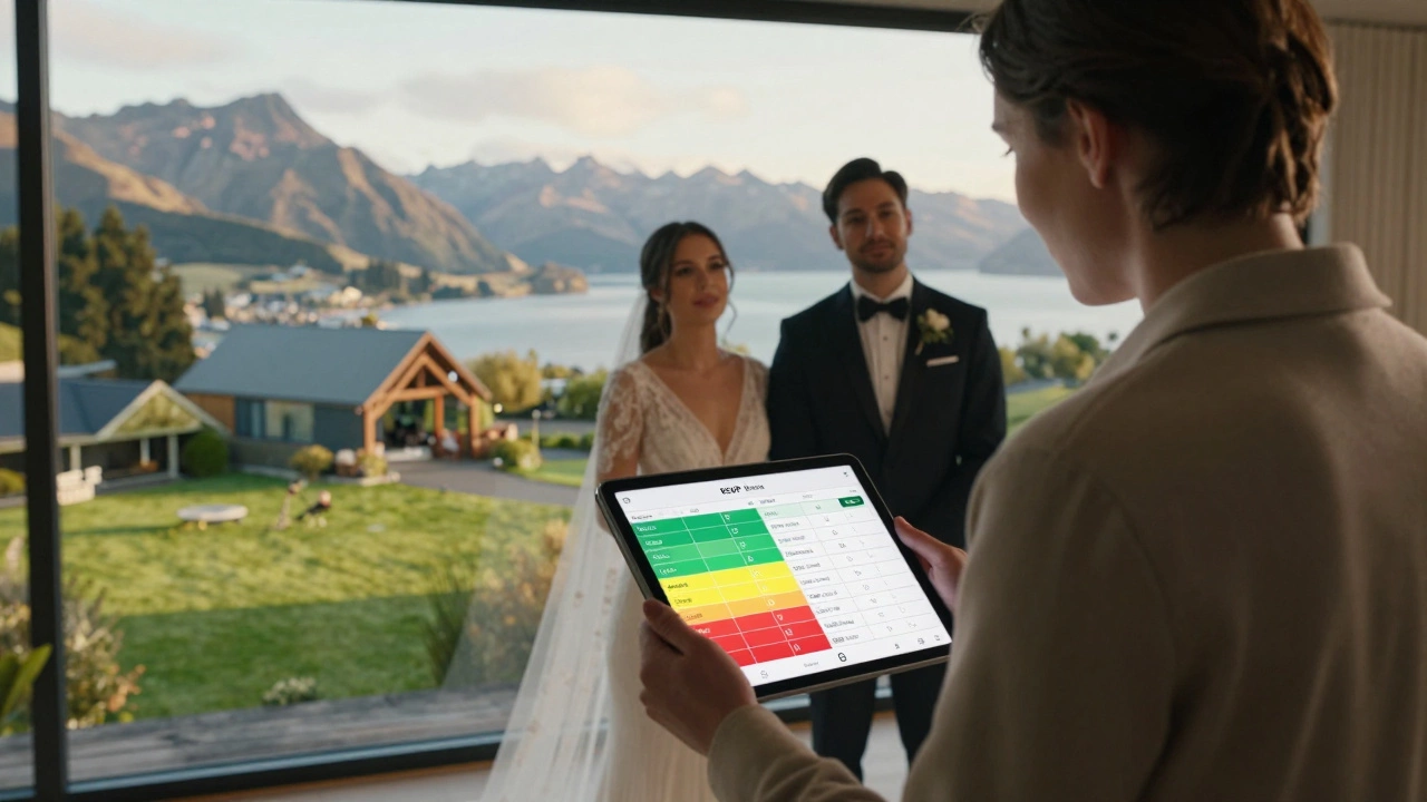 Bride and groom reviewing a color-coded guest response spreadsheet with a planner.