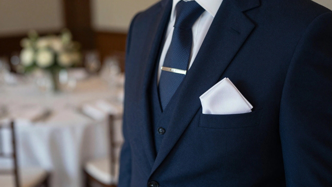Close-up of father’s navy suit sleeve with silver watch and white pocket square, subtle tie texture visible, soft blurred decor behind.
