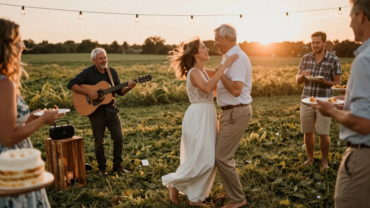 Elderly couple dancing barefoot on grass at sunset, friend playing guitar, simple cake in background.