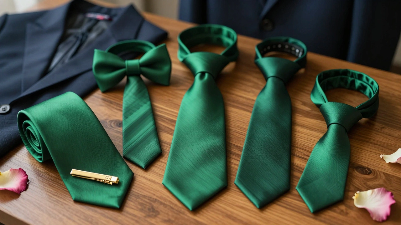 Five silk ties in emerald green with different knots and a gold engraved tie clip.