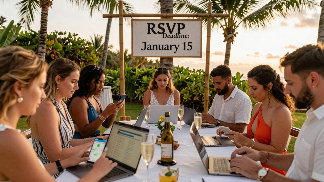 Guests at a tropical wedding checking RSVPs on phones near a deadline sign.