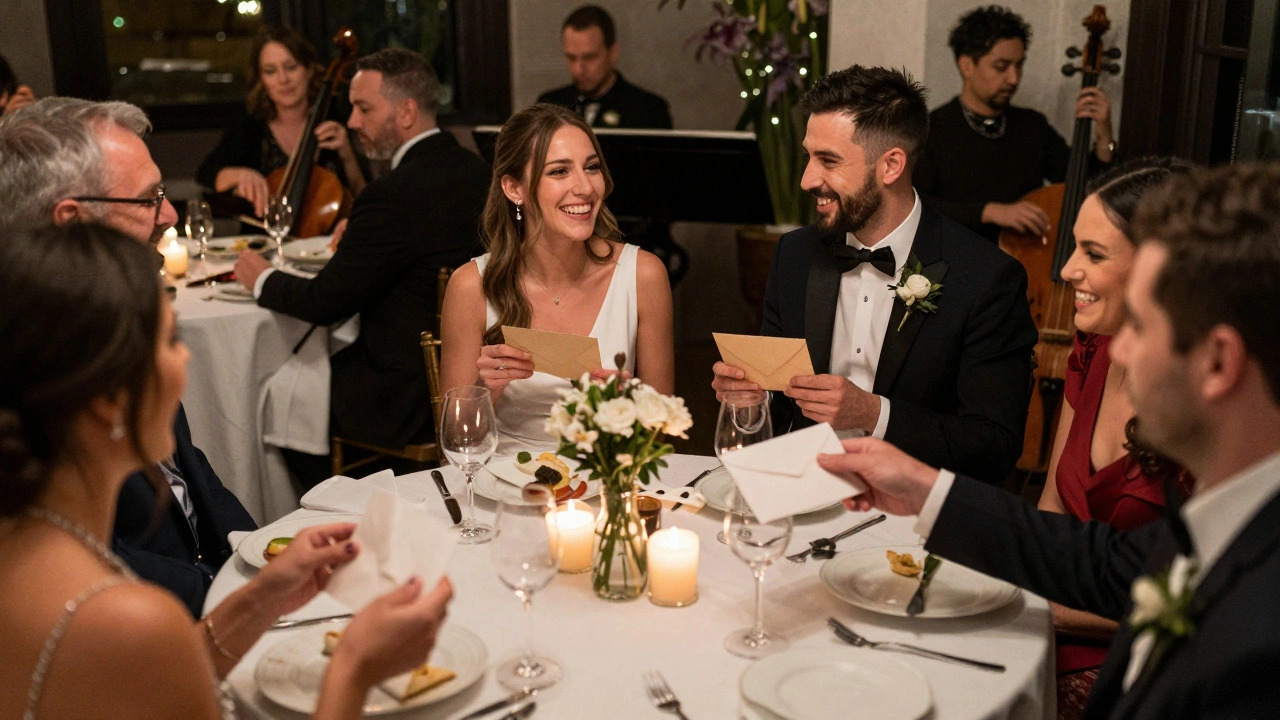 Guests celebrating with a newlywed couple at a reception, some giving gifts.
