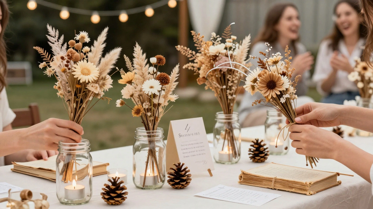 Hands making DIY wedding decor with dried flowers, mason jars, and old books as table numbers.