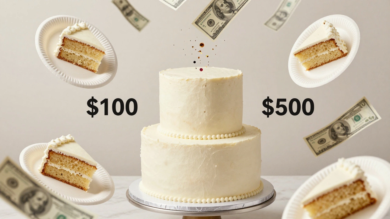 Hybrid wedding cake with budget and luxury elements side by side.