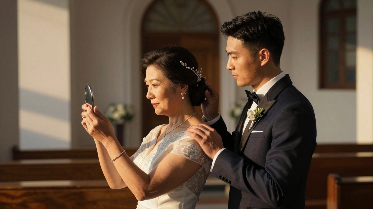 Mother of groom adjusting her hair before the ceremony, with her son standing beside her in quiet support.