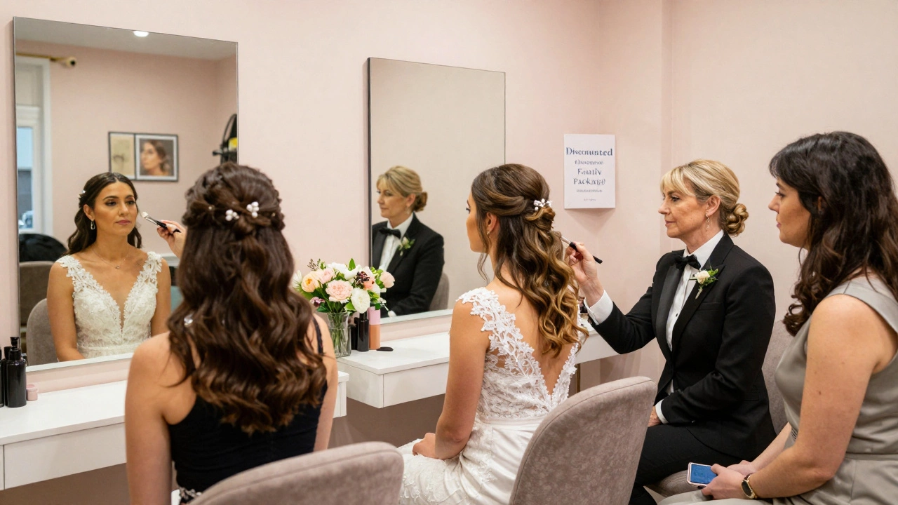 Three women getting hair and makeup done together at a bridal salon, enjoying a family beauty package.