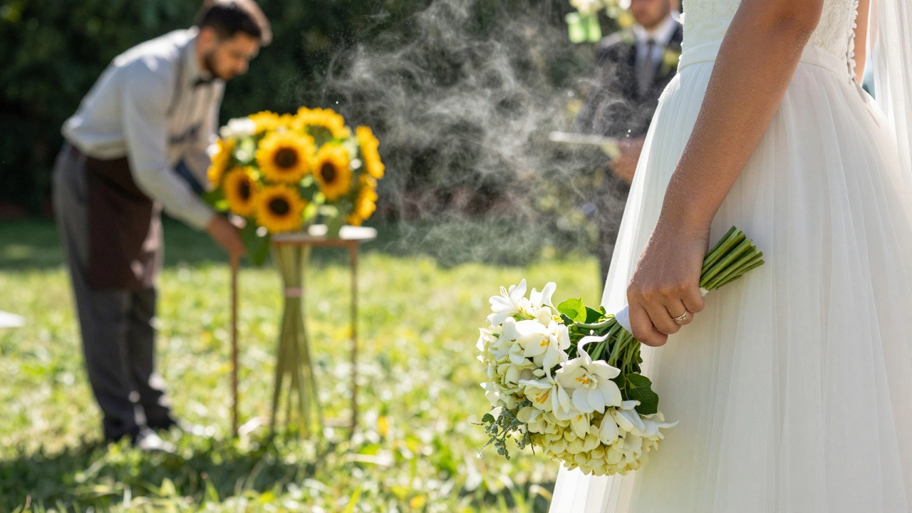 Wedding bouquet wilting under hot July sun, with sunflowers nearby for contrast.