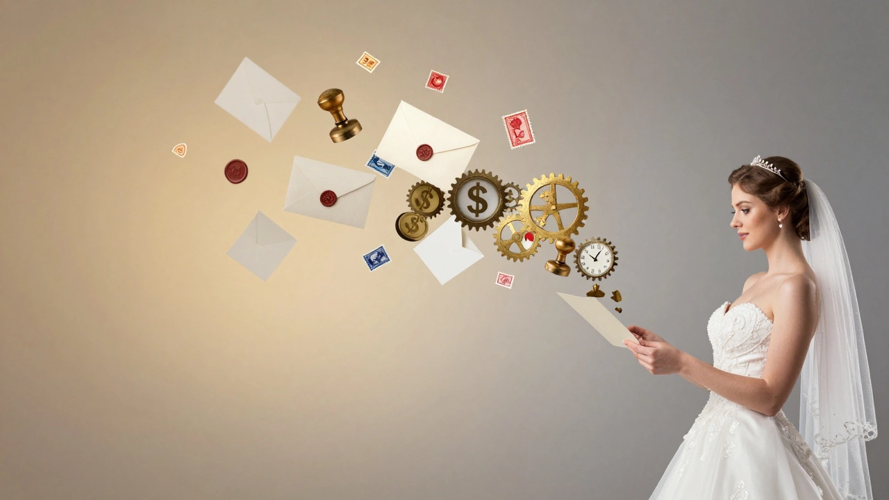 Wedding invitation transforming into paper elements and dollar signs, symbolizing cost and emotion.