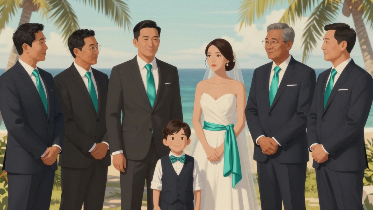 Wedding party in teal ties with bride’s scarf echoing the color at a coastal ceremony.